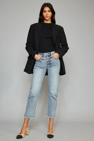 Shop Kancan High Waist Button Fly Raw Hem Cropped Straight Jeans Now On Klozey Store - Trendy U.S. Premium Women Apparel & Accessories And Be Up-To-Fashion!