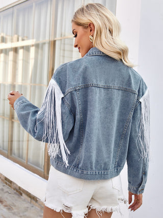 Shop Tassel Button Up Dropped Shoulder Denim Jacket Now On Klozey Store - Trendy U.S. Premium Women Apparel & Accessories And Be Up-To-Fashion!