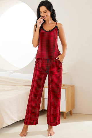 Shop Plaid Lace Trim Cami and Drawstring Pants Pajama Set Now On Klozey Store - Trendy U.S. Premium Women Apparel & Accessories And Be Up-To-Fashion!