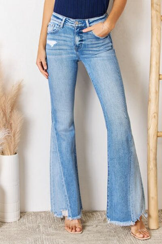 Shop Kancan Mid Rise Raw Hem Flare Jeans Now On Klozey Store - Trendy U.S. Premium Women Apparel & Accessories And Be Up-To-Fashion!