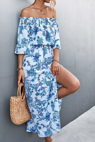 Shop Floral Off-Shoulder Front Split Dress Now On Klozey Store - Trendy U.S. Premium Women Apparel & Accessories And Be Up-To-Fashion!