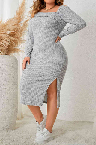 Shop Plus Size Square Neck Long Sleeve Slit Dress Now On Klozey Store - Trendy U.S. Premium Women Apparel & Accessories And Be Up-To-Fashion!