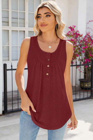 Shop Eyelet Buttoned Round Neck Tank Now On Klozey Store - Trendy U.S. Premium Women Apparel & Accessories And Be Up-To-Fashion!