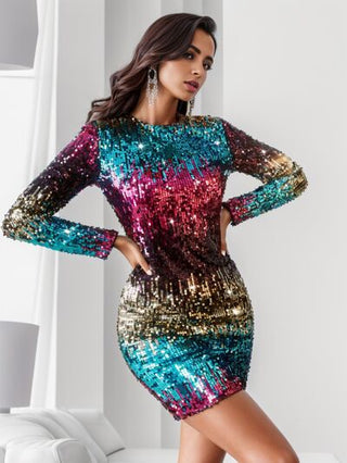 Shop Sequin Round Neck Long Sleeve Mini Dress Now On Klozey Store - Trendy U.S. Premium Women Apparel & Accessories And Be Up-To-Fashion!