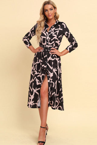 Shop Printed Button Front Belted Midi Dress Now On Klozey Store - Trendy U.S. Premium Women Apparel & Accessories And Be Up-To-Fashion!