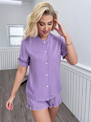 Shop Flounce Sleeve Shirt and Frill Trim Shorts Lounge Set Now On Klozey Store - Trendy U.S. Premium Women Apparel & Accessories And Be Up-To-Fashion!