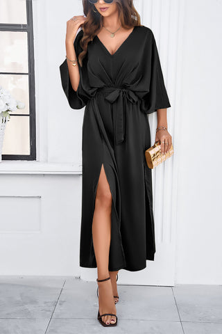 Shop Slit Tied V-Neck Three-Quarter Sleeve Dress Now On Klozey Store - Trendy U.S. Premium Women Apparel & Accessories And Be Up-To-Fashion!