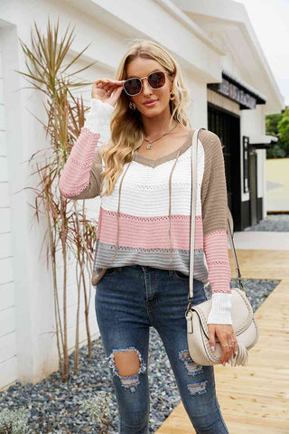 Shop Color Block Drawstring Hooded Sweater Now On Klozey Store - Trendy U.S. Premium Women Apparel & Accessories And Be Up-To-Fashion!