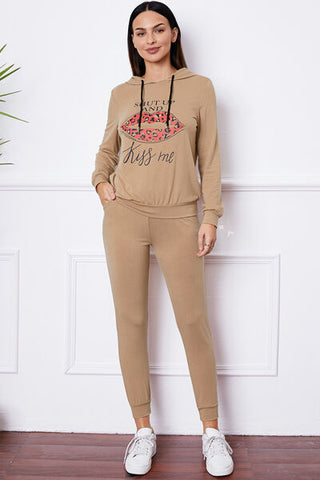 Shop SHUT UP AND KISS ME Lip Graphic Hooded Top and Drawstring Pants Set Now On Klozey Store - Trendy U.S. Premium Women Apparel & Accessories And Be Up-To-Fashion!