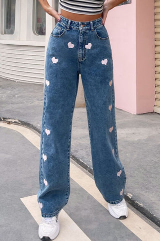 Shop Heart Print Buttoned Jeans Now On Klozey Store - Trendy U.S. Premium Women Apparel & Accessories And Be Up-To-Fashion!