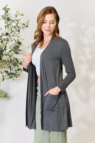 Shop Celeste Full Size Open Front Cardigan with Pockets Now On Klozey Store - Trendy U.S. Premium Women Apparel & Accessories And Be Up-To-Fashion!