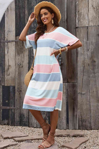 Shop Striped Round Neck Tee Dress Now On Klozey Store - Trendy U.S. Premium Women Apparel & Accessories And Be Up-To-Fashion!