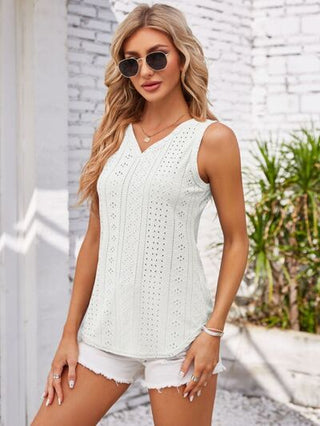 Shop Eyelet Decorative Button V-Neck Tank Now On Klozey Store - Trendy U.S. Premium Women Apparel & Accessories And Be Up-To-Fashion!
