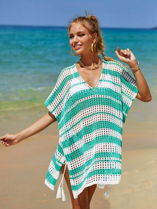 Shop Tassel Openwork Striped V-Neck Cover Up Now On Klozey Store - Trendy U.S. Premium Women Apparel & Accessories And Be Up-To-Fashion!