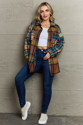 Shop Double Take Plaid Curved Hem Shirt Jacket with Breast Pockets Now On Klozey Store - Trendy U.S. Premium Women Apparel & Accessories And Be Up-To-Fashion!
