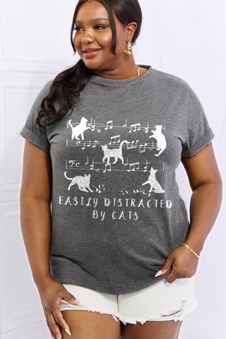 Shop Simply Love Full Size EASILY DISTRACTED BY CATS Graphic Cotton Tee Now On Klozey Store - Trendy U.S. Premium Women Apparel & Accessories And Be Up-To-Fashion!
