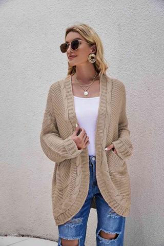 Shop Woven Right Cable-Knit Curved Hem Open Front Cardigan Now On Klozey Store - Trendy U.S. Premium Women Apparel & Accessories And Be Up-To-Fashion!
