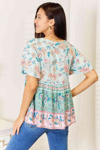 Shop Double Take Floral Tie Neck Short Sleeve Blouse Now On Klozey Store - Trendy U.S. Premium Women Apparel & Accessories And Be Up-To-Fashion!