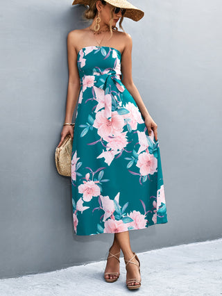 Shop Floral Print Tie Waist Straight Neck Midi Dress Now On Klozey Store - Trendy U.S. Premium Women Apparel & Accessories And Be Up-To-Fashion!