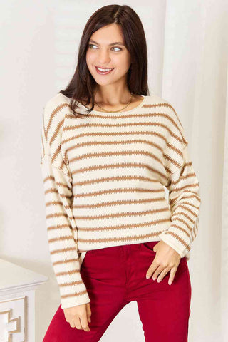Shop Double Take Striped Boat Neck Sweater Now On Klozey Store - Trendy U.S. Premium Women Apparel & Accessories And Be Up-To-Fashion!