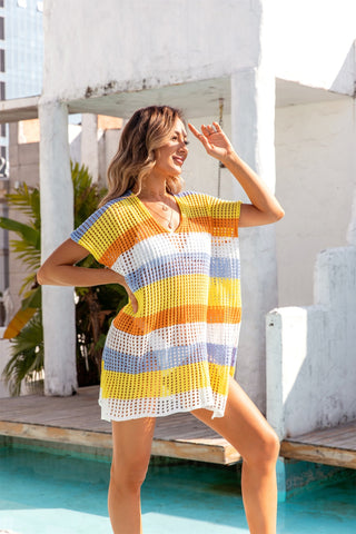 Shop Openwork Striped V-Neck Short Sleeve Cover Up Now On Klozey Store - Trendy U.S. Premium Women Apparel & Accessories And Be Up-To-Fashion!