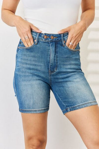 Shop Judy Blue Full Size Tummy Control Double Button Bermuda Denim Shorts Now On Klozey Store - Trendy U.S. Premium Women Apparel & Accessories And Be Up-To-Fashion!