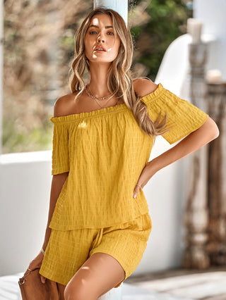 Shop Textured Frill Trim Off-Shoulder Top and Shorts Set Now On Klozey Store - Trendy U.S. Premium Women Apparel & Accessories And Be Up-To-Fashion!