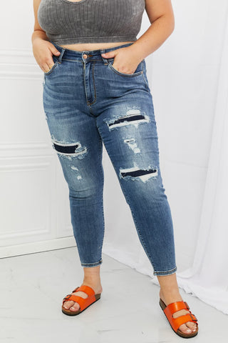 Shop Judy Blue Dahlia Full Size Distressed Patch Jeans Now On Klozey Store - Trendy U.S. Premium Women Apparel & Accessories And Be Up-To-Fashion!