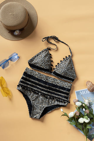 Shop Printed Pompom Detail Halter Neck Two-Piece Bikini Set Now On Klozey Store - Trendy U.S. Premium Women Apparel & Accessories And Be Up-To-Fashion!