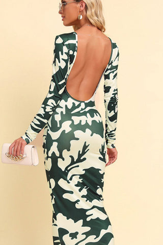 Shop Printed Backless Long Sleeve Maxi Dress Now On Klozey Store - Trendy U.S. Premium Women Apparel & Accessories And Be Up-To-Fashion!
