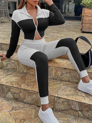 Shop Two-Tone Collared Neck Top and Joggers Set Now On Klozey Store - Trendy U.S. Premium Women Apparel & Accessories And Be Up-To-Fashion!