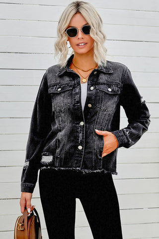 Shop Distressed Raw Hem Denim Jacket Now On Klozey Store - Trendy U.S. Premium Women Apparel & Accessories And Be Up-To-Fashion!