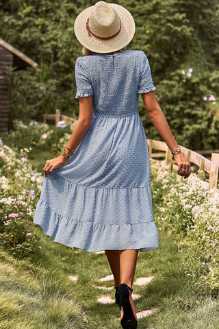 Shop Swiss Dot Smocked Round Neck Short Sleeve Midi Dress Now On Klozey Store - Trendy U.S. Premium Women Apparel & Accessories And Be Up-To-Fashion!