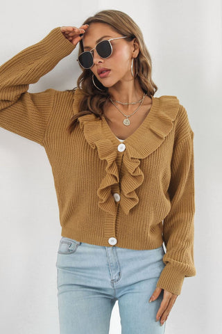 Shop Ruffle Trim Button-Down Dropped Shoulder Sweater Now On Klozey Store - Trendy U.S. Premium Women Apparel & Accessories And Be Up-To-Fashion!