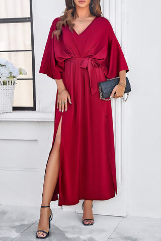 Shop Slit Tied V-Neck Three-Quarter Sleeve Dress Now On Klozey Store - Trendy U.S. Premium Women Apparel & Accessories And Be Up-To-Fashion!