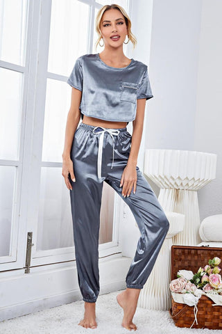 Shop Satin Short Sleeve Crop Top and Joggers Lounge Set Now On Klozey Store - Trendy U.S. Premium Women Apparel & Accessories And Be Up-To-Fashion!