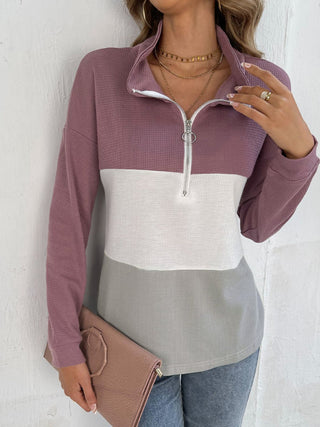 Shop Color Block Dropped Shoulder Waffle-Knit Zipper Front Blouse Now On Klozey Store - Trendy U.S. Premium Women Apparel & Accessories And Be Up-To-Fashion!
