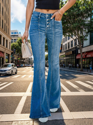 Shop Button Fly Bootcut Jeans with Pockets Now On Klozey Store - Trendy U.S. Premium Women Apparel & Accessories And Be Up-To-Fashion!