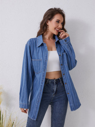 Shop Pocketed Striped Button Up Denim Shirt Now On Klozey Store - Trendy U.S. Premium Women Apparel & Accessories And Be Up-To-Fashion!