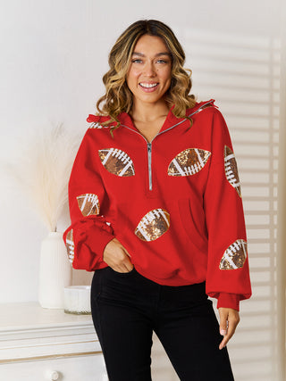 Shop Sequin Football Patch Half-Zip Hoodie Now On Klozey Store - Trendy U.S. Premium Women Apparel & Accessories And Be Up-To-Fashion!
