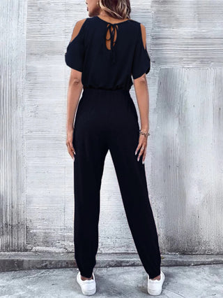 Shop V-Neck Cold-Shoulder Jumpsuit with Pockets Now On Klozey Store - Trendy U.S. Premium Women Apparel & Accessories And Be Up-To-Fashion!