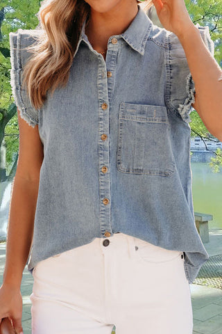 Shop Raw Hem Button Up Cap Sleeve Denim Top Now On Klozey Store - Trendy U.S. Premium Women Apparel & Accessories And Be Up-To-Fashion!