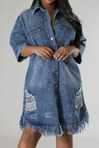 Shop Distressed Raw Hem Button Up Denim Dress Now On Klozey Store - Trendy U.S. Premium Women Apparel & Accessories And Be Up-To-Fashion!