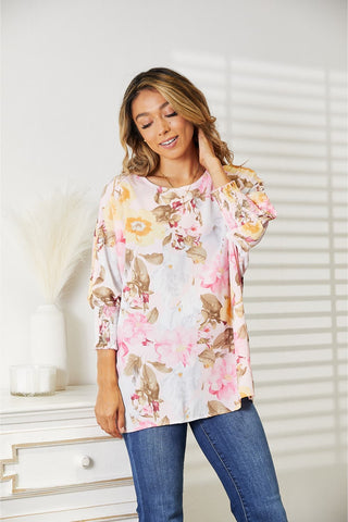 Shop Double Take Floral Round Neck Three-Quarter Sleeve Top Now On Klozey Store - Trendy U.S. Premium Women Apparel & Accessories And Be Up-To-Fashion!