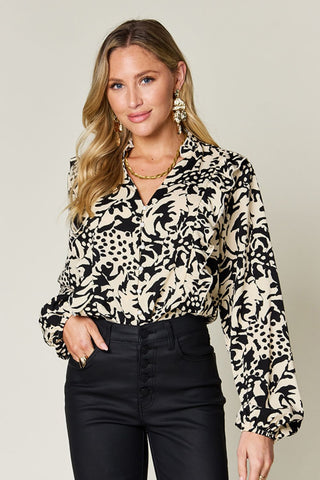 Shop Double Take Full Size Printed Ruffle Trim Balloon Sleeve Shirt Now On Klozey Store - Trendy U.S. Premium Women Apparel & Accessories And Be Up-To-Fashion!