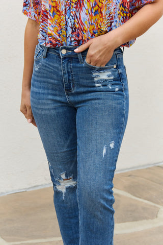 Shop Judy Blue Theresa Full Size High Waisted Ankle Distressed Straight Jeans Now On Klozey Store - Trendy U.S. Premium Women Apparel & Accessories And Be Up-To-Fashion!