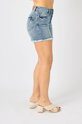 Shop Judy Blue Full Size Button Fly Raw Hem Denim Shorts Now On Klozey Store - Trendy U.S. Premium Women Apparel & Accessories And Be Up-To-Fashion!