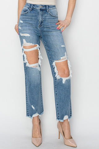Shop RISEN High Rise Distressed Crop Straight Jeans Now On Klozey Store - Trendy U.S. Premium Women Apparel & Accessories And Be Up-To-Fashion!