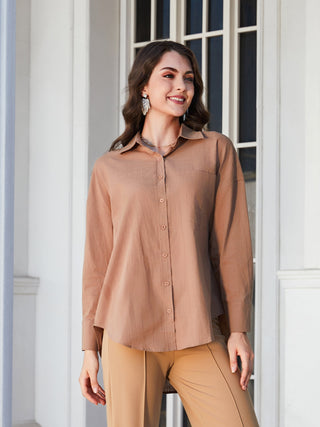Shop Dropped Shoulder Collared High-Low Shirt Now On Klozey Store - Trendy U.S. Premium Women Apparel & Accessories And Be Up-To-Fashion!