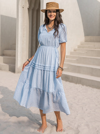 Shop Tie Neck Balloon Sleeve Tiered Dress Now On Klozey Store - Trendy U.S. Premium Women Apparel & Accessories And Be Up-To-Fashion!